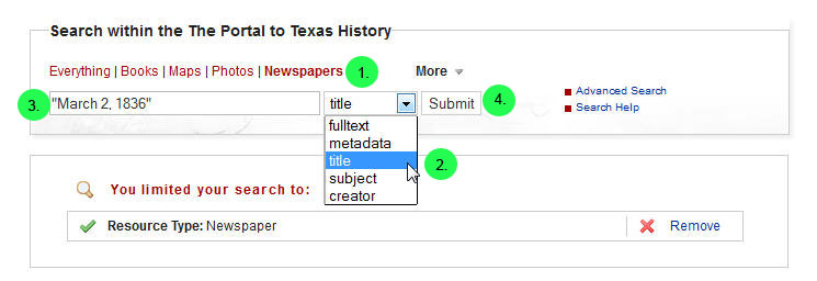 Screen capture of searching newspapers by date in The Portal to Texas History
