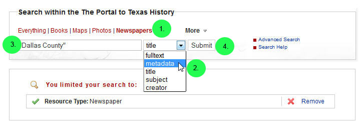 screen capture of searching newspapers by location in The Portal to
Texas History