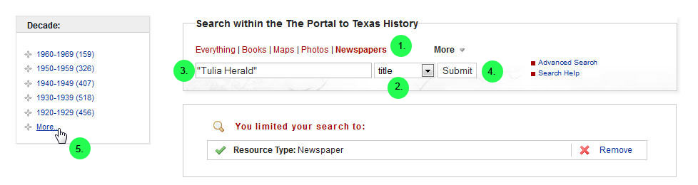 screen capture of selecting dates from facets in the sidebar of The
Portal to Texas History