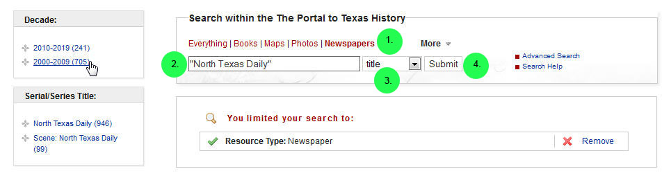 screen capture of searching for a particular newspaper title and
decade in The Portal to Texas History
