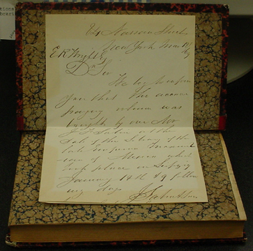 Letter from J. Sabin stating volume was purchased by their firm from Leipzig auction.