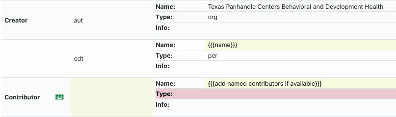Screenshot of the creator and contributor fields with highlighting